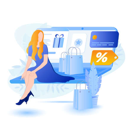 Online shopping vector illustration concept. Woman shops at online store sitting on a big laptop with shopping bags. The product catalog on the web browser page. Shopping boxes.のイラスト素材