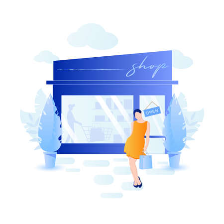 Shop opening concept vector illustration. Young woman wearing beautiful dress stands near fashion shop.のイラスト素材