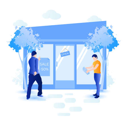 Store building with shop windows. Happy customers enter the building shop. Sale signs at shop windows for business promotion.のイラスト素材