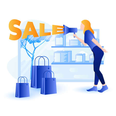 Grand opening sale banner - sale concept illustration. Woman with megaphone is promoting sale at shop.のイラスト素材