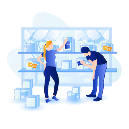 Big sale season at local shop vector illustration concept. Shop workers are placing sale badges at local shop goods - seasonal sales are coming.のイラスト素材