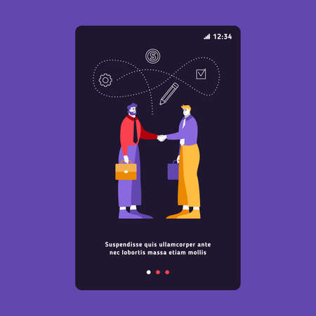 Successful partnership, business people cooperation agreement, handshake of two businessman with icons of contract and money.のイラスト素材