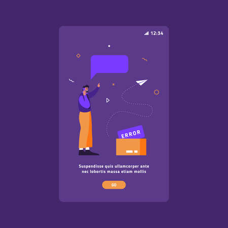 Customer support service. Vector illustration of angry customer having issues and troubles with errors. Negative customer feedback at flat design.のイラスト素材