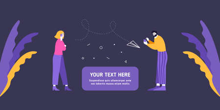 People Send messages Concept. Man and woman characters with smartphones are sending voice and letter messages.のイラスト素材