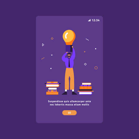 Good Idea Conceptual illustration for a great idea. Man holding big lamp - having great idea for business. Power of reading and learning for business and successのイラスト素材