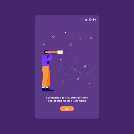 Business leadership and goal concept. Businessman looking through spyglass into future and future success. Man seeks for goal and business ideas.のイラスト素材