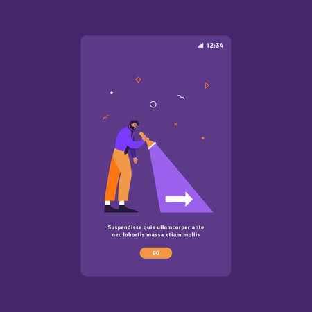 Searching for goal, direction concept vector flat illustration. Man is looking for direction for success or business idea with flash light.のイラスト素材
