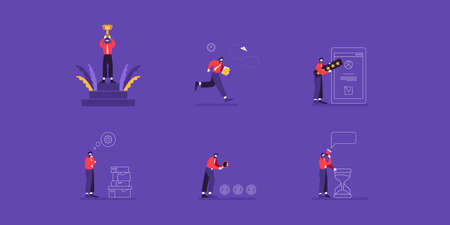 Set of Businessman character in various poses and situations. Success, holding cup, rush for tasks, giving review, thinking about routine, searching for income, time.のイラスト素材