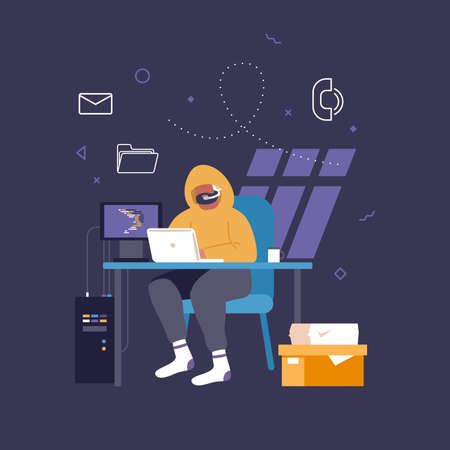 Programmer hacker working on front of his laptop writing code in the middle of night vector graphic illustration. Modern data security threat. Keep you personal and business data safe and secured.のイラスト素材