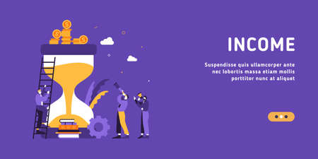 Successful business team leads income up flat vector illustration landing page template. Start-up plan takes time to increase revenue. Big hourglass with people and coins.のイラスト素材