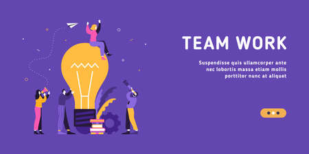 Efficient business team work concept flat vector illustration landing template. Big lamp at center with cartoon people. Great idea rules the team to successful goal and income and revenue.のイラスト素材