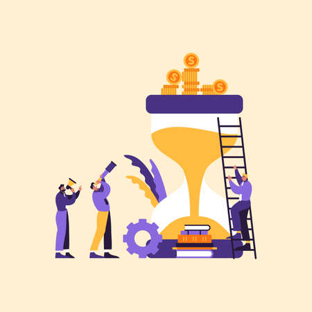 Efficient business team work concept flat vector illustration. Big hourglass at center with money, ladder and cartoon people.のイラスト素材