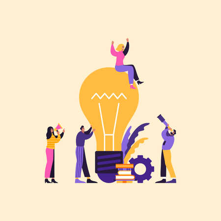 Efficient business team work concept flat vector illustration. Big lamp at center with cartoon people. Great idea rules the team to successful goal and income and revenue.のイラスト素材