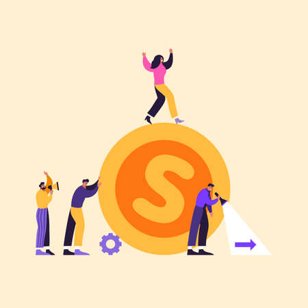 Vector business illustration of happy people. Successful business team leads with the victory and money. Ways and goals, successful business. Big gold coin and way to earn itのイラスト素材