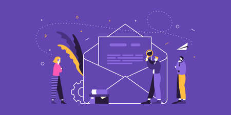 Business team examines new contract. Success in business and contract details flat vector illustration. Business team and big envelope with contract paper inside. Efficient successful businessのイラスト素材