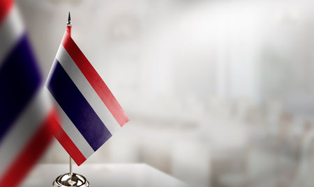 Small flags of the Thailand on an abstract blurry background.