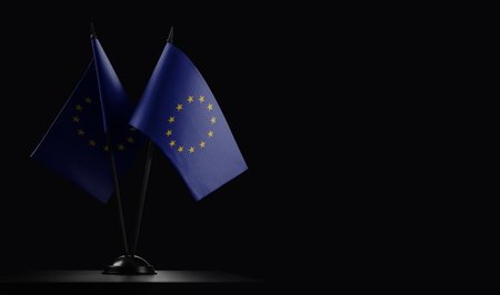 Small national flags of the European Union on a black background.の写真素材