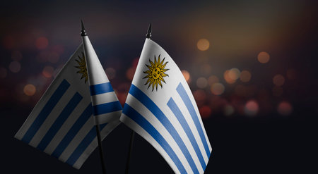 Small flags of the Uruguay on an abstract blurry background.の写真素材