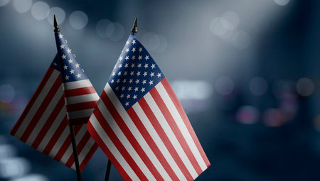 Small flags of the USA on an abstract blurry background.の写真素材