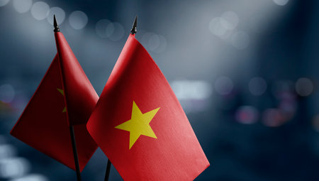 Small flags of the Vietnam on an abstract blurry background.の写真素材