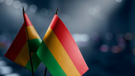 Small flags of the Bolivia on an abstract blurry background.の写真素材