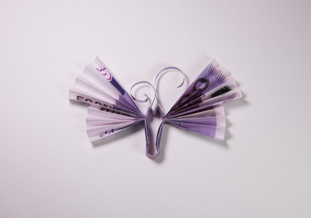 Origami butterfly made out of euro billsの写真素材