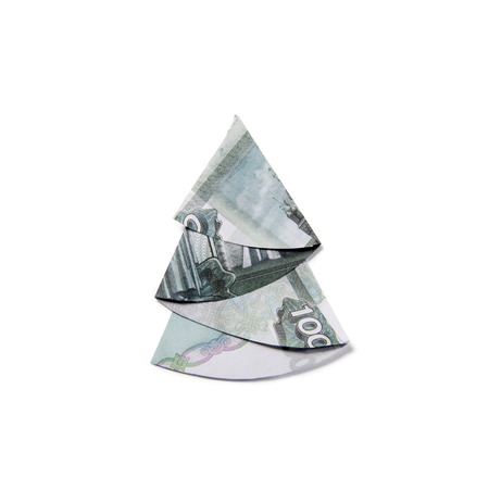 Christmas tree origami made of banknotes rubles. Handmadeの写真素材