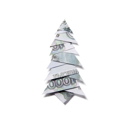 Christmas tree origami made of banknotes rubles. Handmadeの写真素材