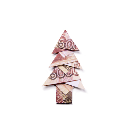 Christmas tree origami made of banknotes rubles. Handmadeの写真素材