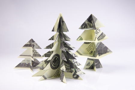 Christmas tree origami made of banknotes dollar. Handmadeの写真素材