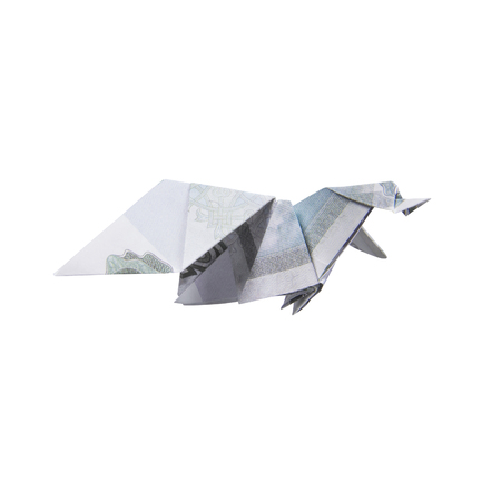 Origami Bird from banknotes on a white backgroundの写真素材