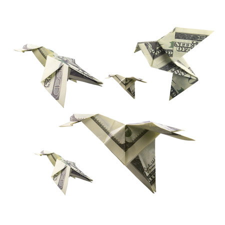 Origami Bird from banknotes on a white backgroundの写真素材