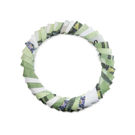 Christmas wreath origami banknotes on a white background. Handmadeの写真素材