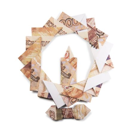 Christmas wreath origami banknotes on a white background. Handmadeの写真素材