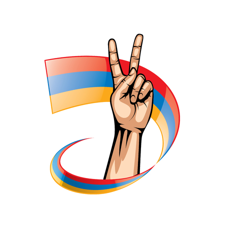 Armenia flag and hand on white background. Vector illustration.のイラスト素材