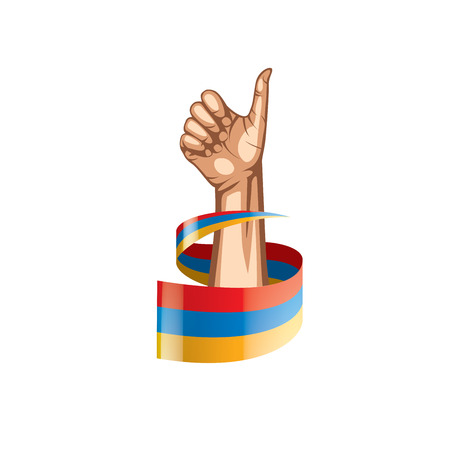 Armenia flag and hand on white background. Vector illustration.のイラスト素材