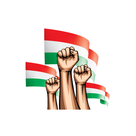 Hungary flag and hand on white background. Vector illustration.のイラスト素材