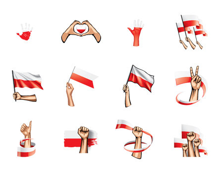 Poland flag and hand on white background. Vector illustration.のイラスト素材
