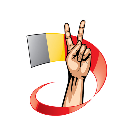 Belgium flag and hand on white background. Vector illustration.のイラスト素材
