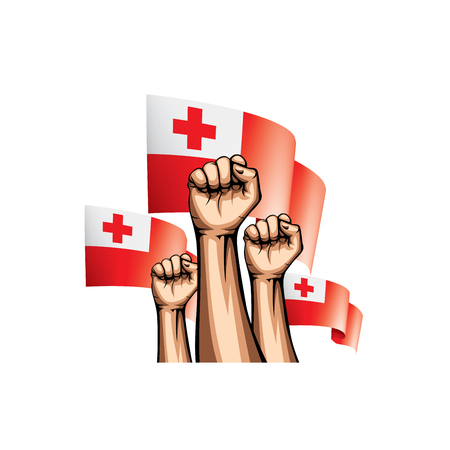Tonga flag and hand on white background. Vector illustration.のイラスト素材