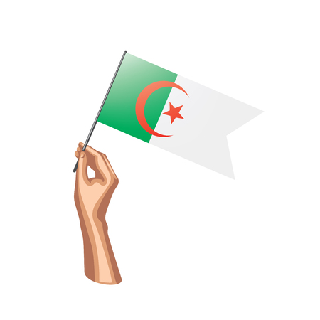 Algeria flag and hand on white background. Vector illustration.のイラスト素材