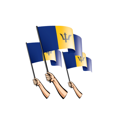 Barbados flag and hand on white background. Vector illustration.のイラスト素材