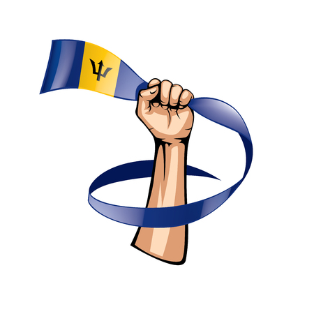 Barbados flag and hand on white background. Vector illustration.のイラスト素材