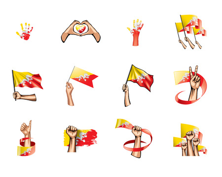Bhutan flag and hand on white background. Vector illustration.のイラスト素材