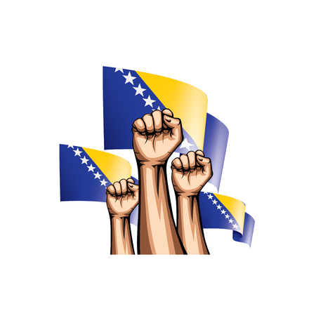 Bosnia and Herzegovina flag and hand on white background. Vector illustration.のイラスト素材