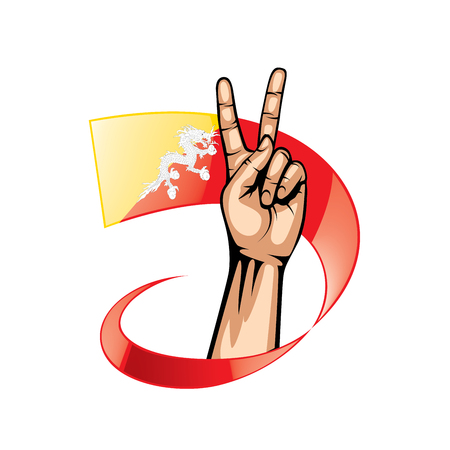 Bhutan flag and hand on white background. Vector illustration.のイラスト素材