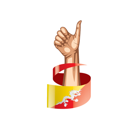 Bhutan flag and hand on white background. Vector illustration.のイラスト素材