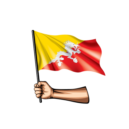 Bhutan flag and hand on white background. Vector illustration.のイラスト素材