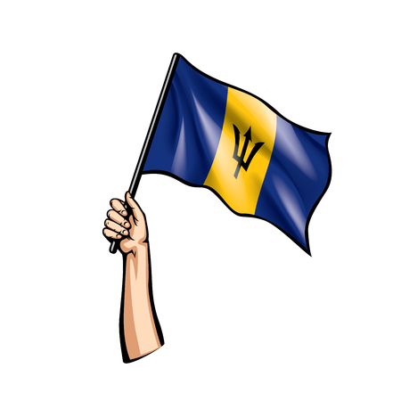 Barbados flag and hand on white background. Vector illustration.のイラスト素材
