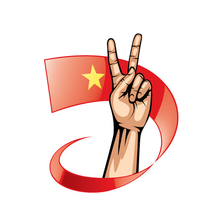 Vietnam flag and hand on white background. Vector illustration.のイラスト素材